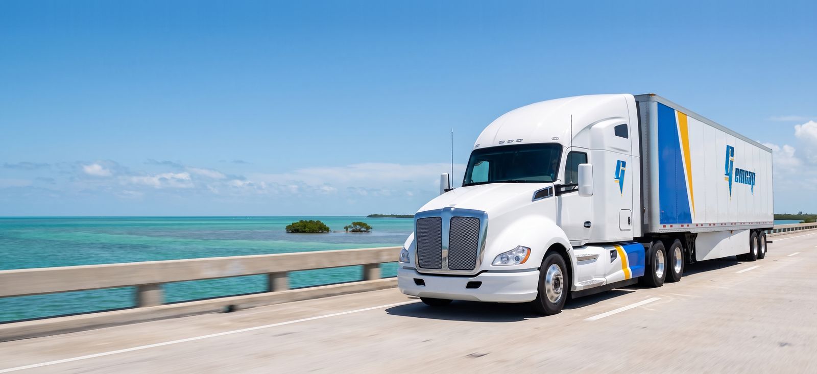 A GEMCAP tractor-trailer crossing the Seven Mile Bridge in the Florida Keys over turquoise water