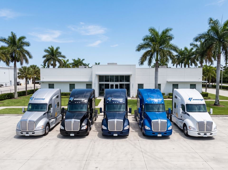 The GEMCAP office in Miami, a low white building among royal palms, with five tractors in the fleet colors parked in front