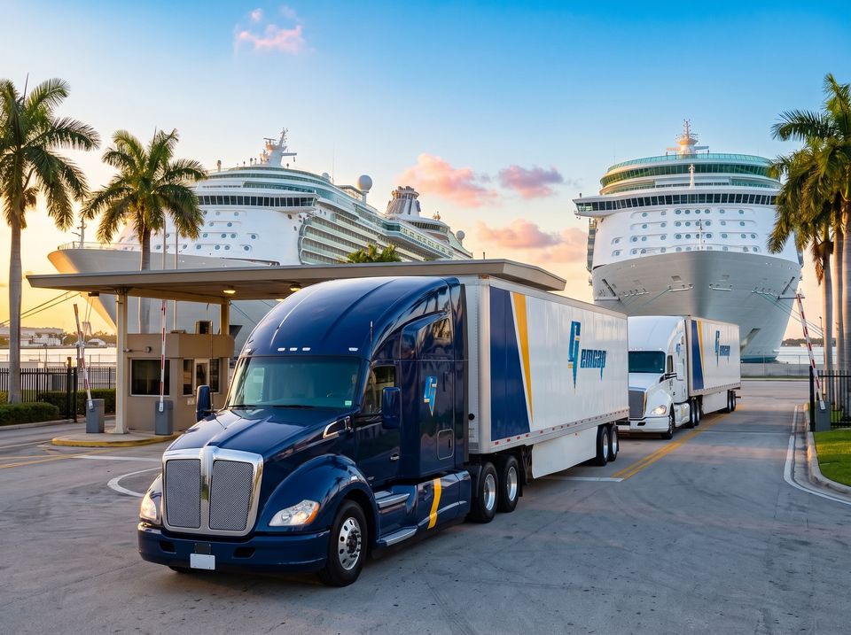A navy and a white GEMCAP tractor-trailer rolling through the PortMiami truck gate at sunrise, cruise ships docked behind