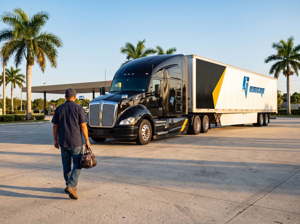 A truck driver, seen from behind, walking to a black GEMCAP tractor-trailer at a Florida truck stop at golden hour