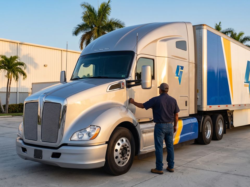 A truck driver, seen from behind, standing by the cab of a silver GEMCAP truck at golden hour