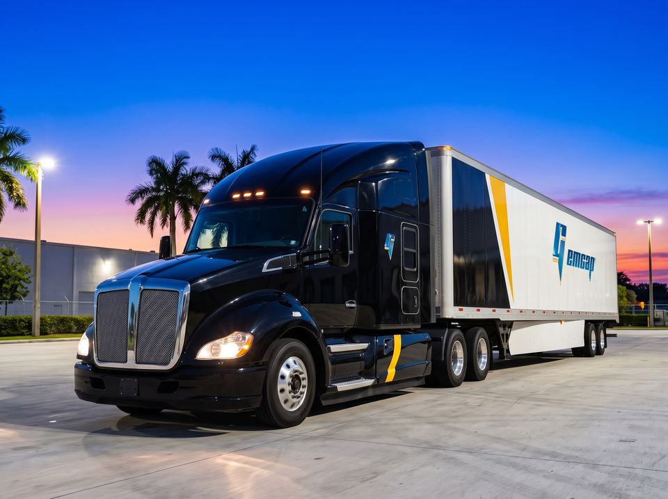 A black GEMCAP tractor-trailer with its headlights on in the Miami truck yard at blue hour