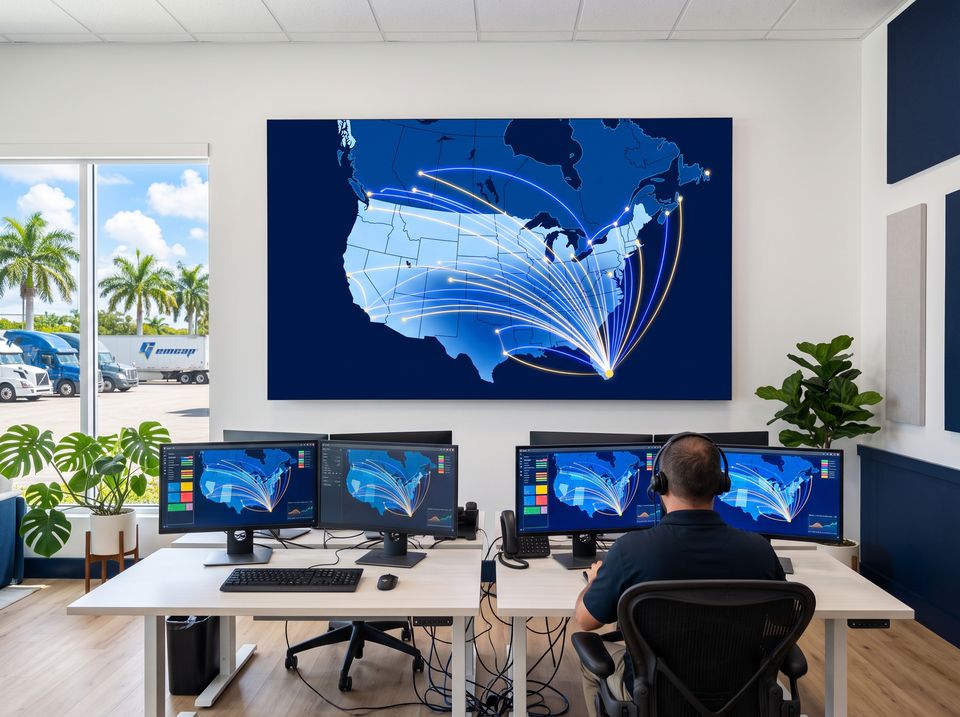 A bright dispatch room: a wall screen maps routes fanning out from Miami across the U.S. and Canada, a dispatcher at the desk