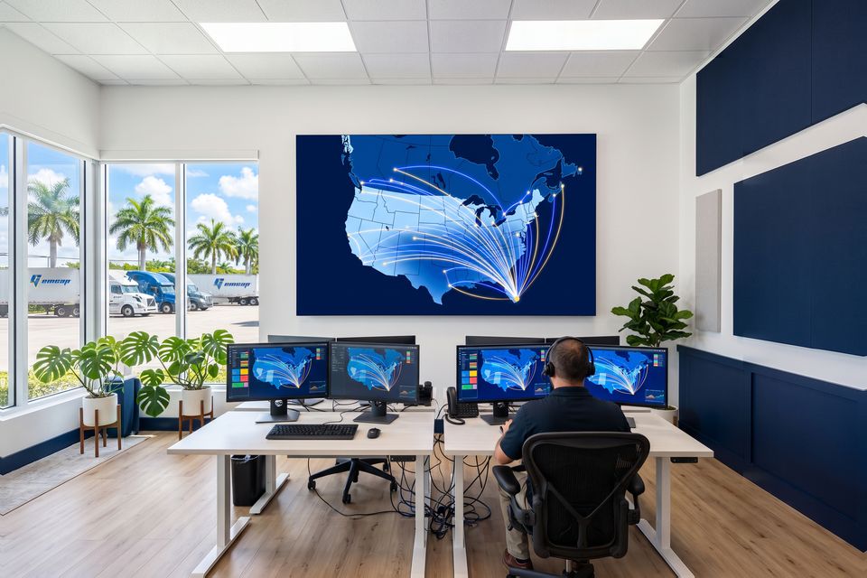 A bright dispatch room: a wall screen maps routes fanning out from Miami across the U.S. and Canada, a dispatcher at the desk