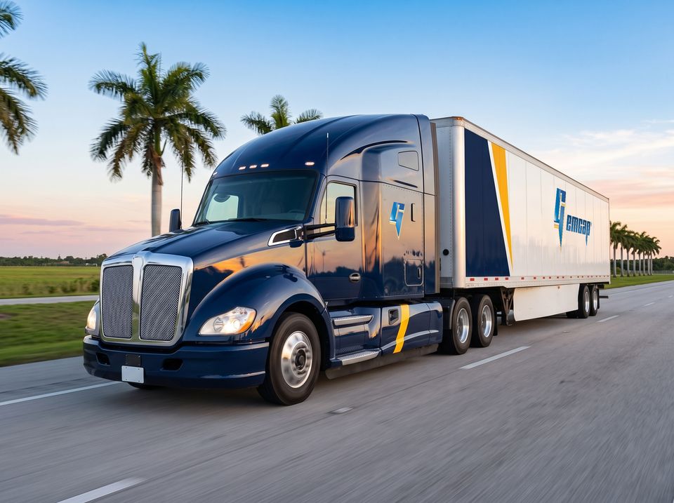 A navy GEMCAP tractor-trailer on an open Florida interstate at dawn