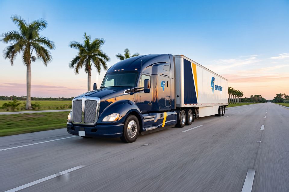 A navy GEMCAP tractor-trailer on an open Florida interstate at dawn